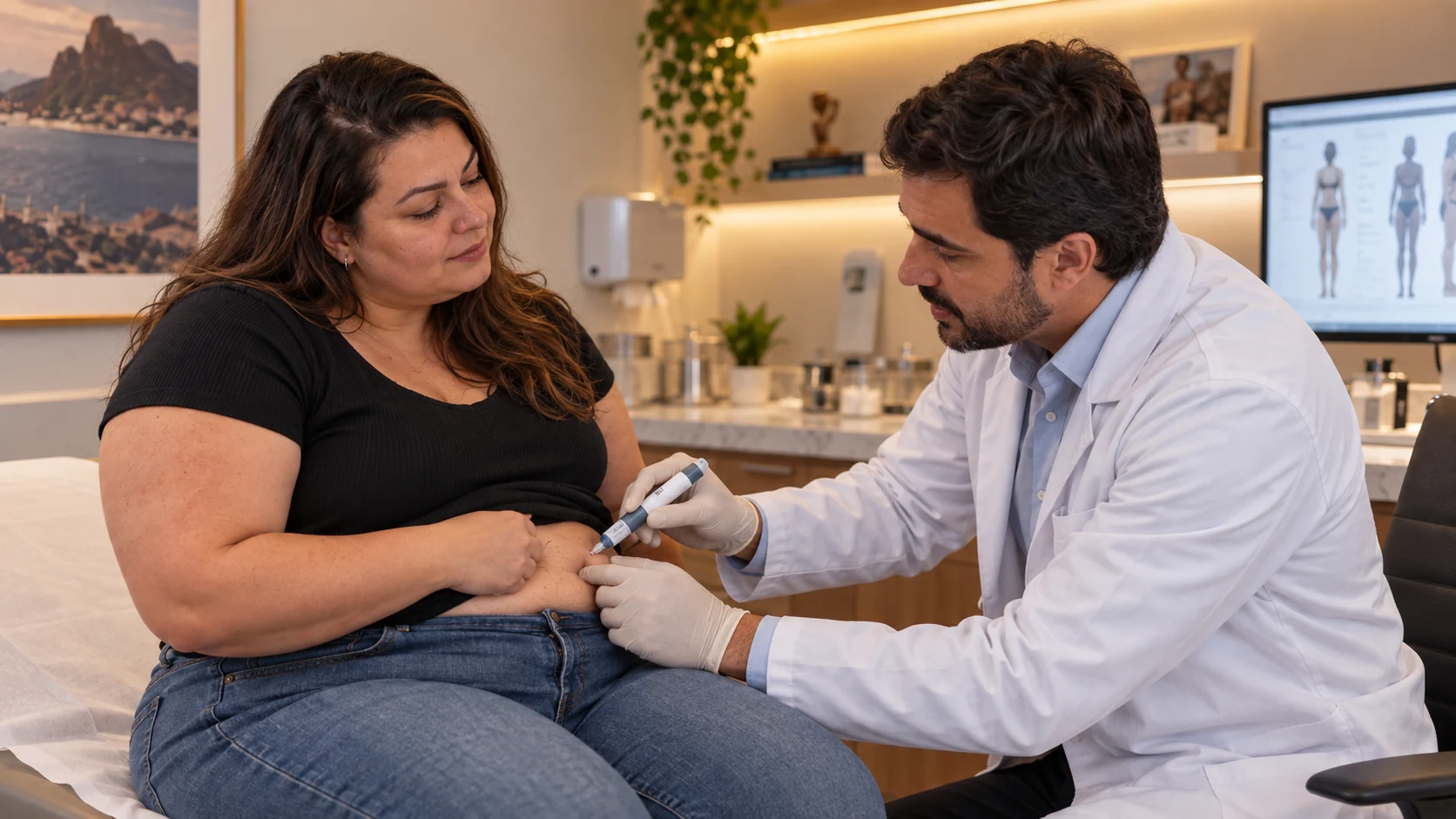 Médico realizando a aplicação de uma caneta na paciente em uma cena ilustrativa.